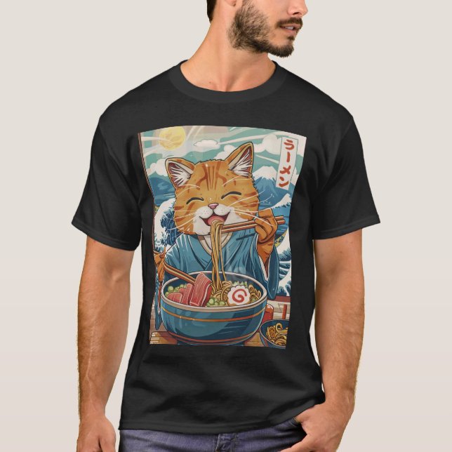 Niedlicher japanischer Ramen Kat The Great Wave T-Shirt (Vorderseite)