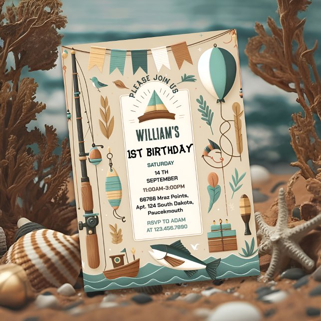 niedlicher Junge Fischen am 1. Geburtstag Einladung (Von Creator hochgeladen)