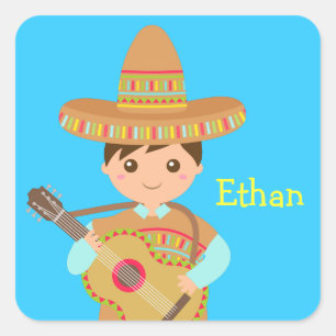 Niedlicher Junge Mexican Sombrero Hat Guitar Fiest Quadratischer Aufkleber