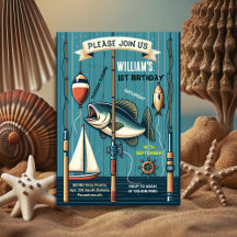 niedlicher Junge mit blauem Boot Fischen am 1. Geb