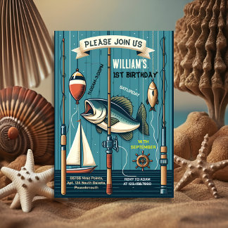 niedlicher Junge mit blauem Boot Fischen am 1. Geb Einladung