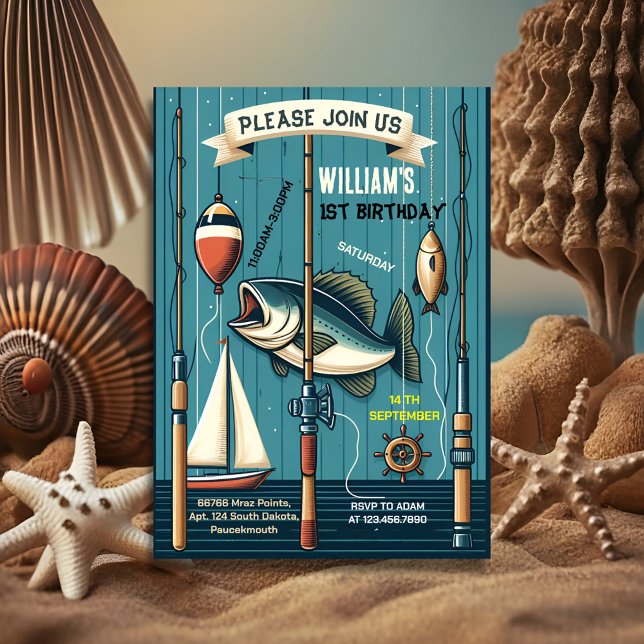 niedlicher Junge mit blauem Boot Fischen am 1. Geb Einladung (Von Creator hochgeladen)