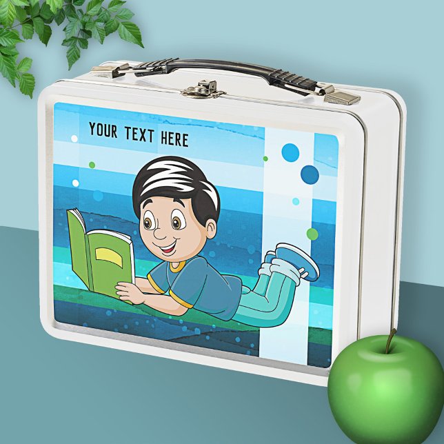 Niedlicher Junge mit Büchermetall-Lunch Box Metall Brotdose (Lunch box featuring a cute cartoon design with a boy reading a book.)