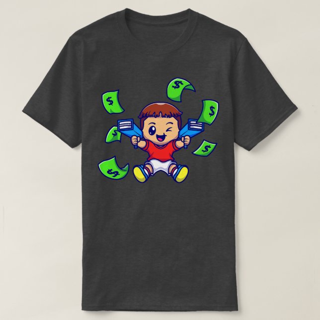 Niedlicher Junge mit Geld-Gun-Cartoon T-Shirt (Design vorne)