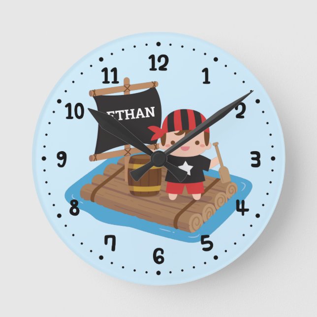 Niedlicher Junge Pirate Set Segelschiff Kinder Wan Runde Wanduhr (Vorderseite)
