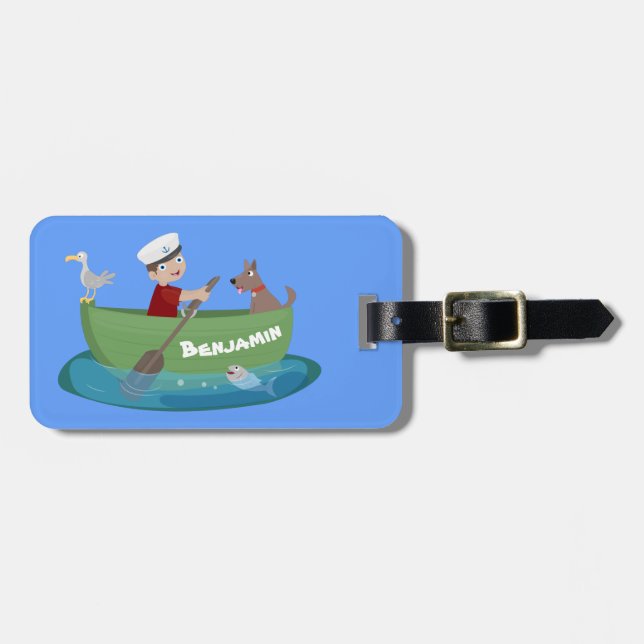 Niedlicher Junge Segelschiff und Hunderuderschiff  Gepäckanhänger (Vorderseite horizontal)