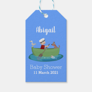 Niedlicher Junge Segelschiff und Hunderuderschiff Geschenkanhänger