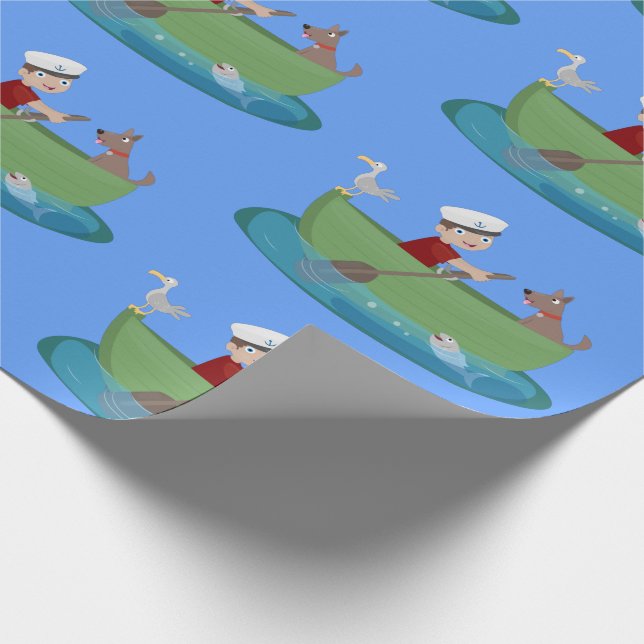 Niedlicher Junge Segelschiff und Hunderuderschiff  Geschenkpapier (Ecke)