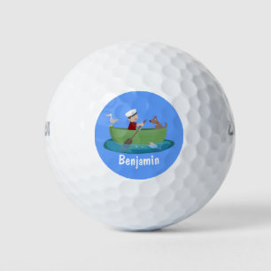 Niedlicher Junge Segelschiff und Hunderuderschiff Golfball