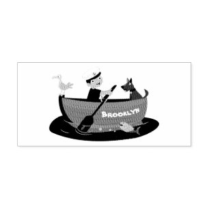 Niedlicher Junge Segelschiff und Hunderuderschiff Gummistempel