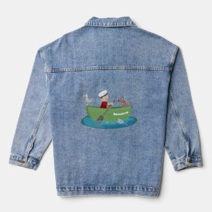 Niedlicher Junge Segelschiff und Hunderuderschiff  Jeansjacke