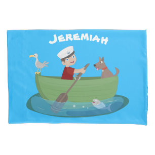 Niedlicher Junge Segelschiff und Hunderuderschiff  Kissenbezug