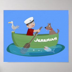 Niedlicher Junge Segelschiff und Hunderuderschiff  Poster