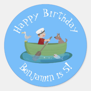 Niedlicher Junge Segelschiff und Hunderuderschiff  Runder Aufkleber