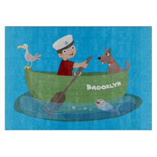 Niedlicher Junge Segelschiff und Hunderuderschiff  Schneidebrett