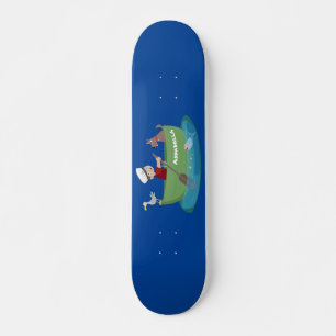 Niedlicher Junge Segelschiff und Hunderuderschiff Skateboard