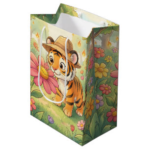 Niedlicher junger Tiger mit Hut im Garten Mittlere Geschenktüte