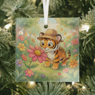 Niedlicher junger Tiger mit Hut im Garten Ornament Aus Glas