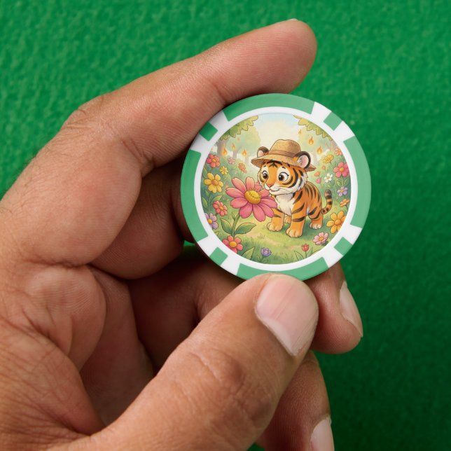 Niedlicher junger Tiger mit Hut im Garten Pokerchips (Hand)