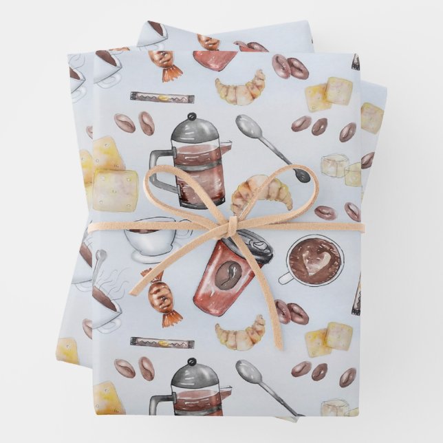 Niedlicher Kaffee Lover Muster Pastellblau Geschenkpapier Set (Beispiel)