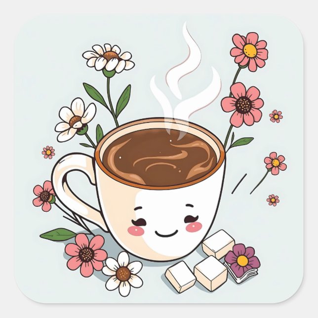 Niedlicher Kaffee und Blume Whimsikum Quadratischer Aufkleber (Vorderseite)
