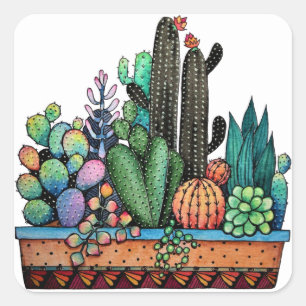 Niedlicher Kakteen Garden in Pot Quadratischer Aufkleber