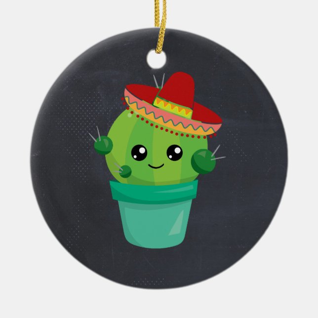 Niedlicher Kaktus in einem Sombrero auf schwarzer  Keramik Ornament (Vorne)