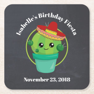 Niedlicher Kaktus in einem Sombrero auf schwarzer  Rechteckiger Pappuntersetzer