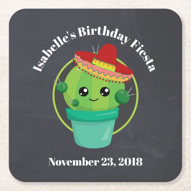 Niedlicher Kaktus in einem Sombrero auf schwarzer  Rechteckiger Pappuntersetzer (Vorderseite)