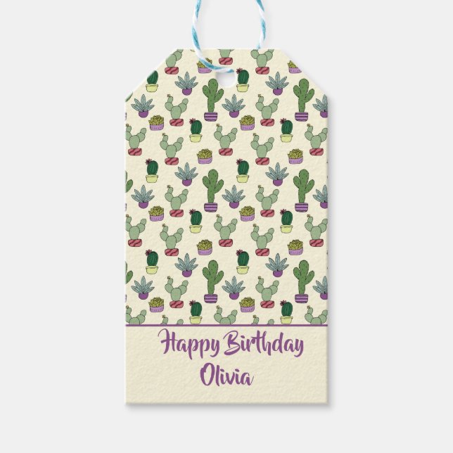 Niedlicher Kaktus Sukkulente Pflanze Happy Birthda Geschenkanhänger (Vorderseite)