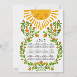 Niedlicher Kalender 2026 Blume Sun und Orange Feiertagskarte