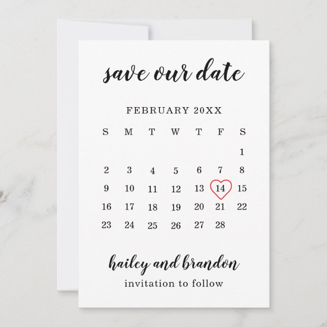 Niedlicher Kalender Rotes Herz Moderne Hochzeit Save The Date (Vorderseite)