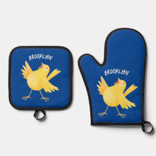 Niedlicher Kanarienvogel-Cartoon Ofenhandschuh & Topflappen-Set