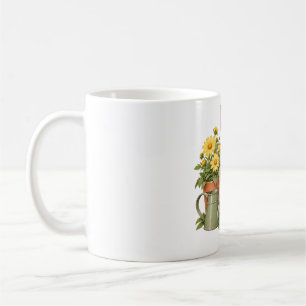 Niedlicher Kaninchen-Gärtner mit Blumen und Gießka Kaffeetasse