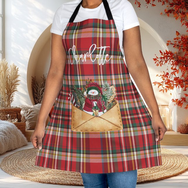 Niedlicher Karierter rustikaler Weihnachtsname Schürze (Christmas Plaid Red Checkered Custom Apron)