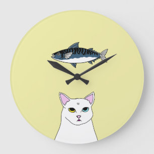 Niedlicher Katzen-Fisch-Cartoon runde Wand-Uhr Große Wanduhr