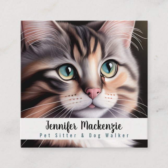 Niedlicher Katzen-Sitzer und Dog-Walker Quadratische Visitenkarte (Vorderseite)