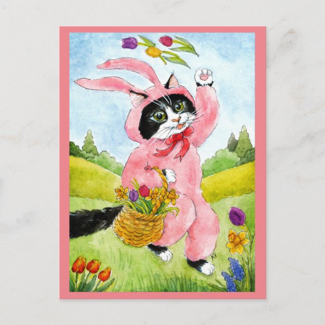 Niedlicher Katzenhain Anzug Blume Rosa Ostern Post Postkarte (Vorderseite)