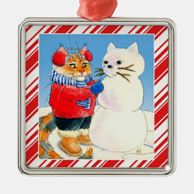 Niedlicher Katzenschneemann Bonbons Weihnachtsschm Ornament Aus Metall (Vorne)