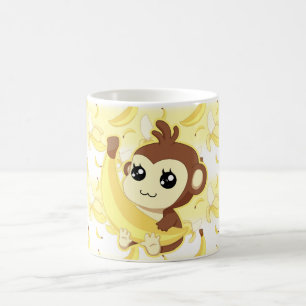 Niedlicher Kawaii Affe, der Banane hält Kaffeetasse