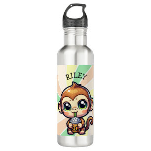 Niedlicher Kawaii-Affe mit Bubble Tee Personalisie Edelstahlflasche