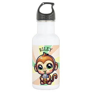 Niedlicher Kawaii-Affe mit Bubble Tee Personalisie Edelstahlflasche