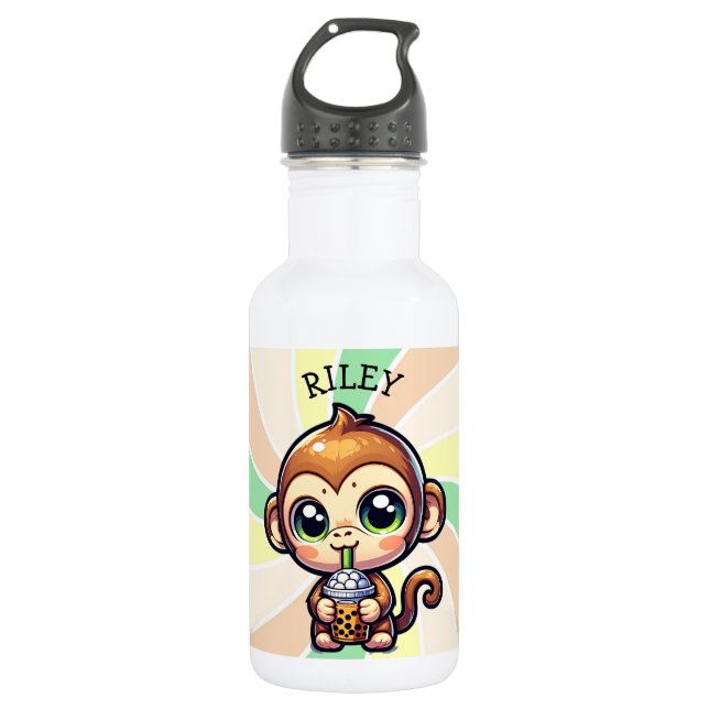 Niedlicher Kawaii-Affe mit Bubble Tee Personalisie Edelstahlflasche (Vorderseite)