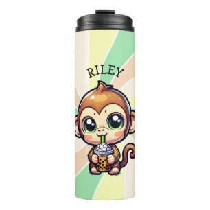 Niedlicher Kawaii-Affe mit Bubble Tee Personalisie Thermosbecher