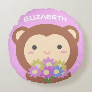 Niedlicher Kawaii-Affe und Blume Lila Rosa Name Rundes Kissen