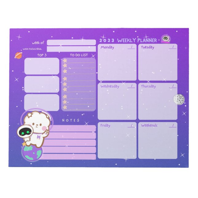 Niedlicher Kawaii Astronaut Undated Weekly Planner Notizblock (Vorderseite)