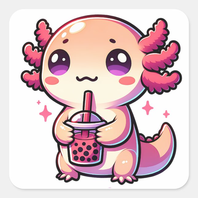 Niedlicher Kawaii Axolotl mit Bubble Tee Quadratischer Aufkleber (Vorderseite)