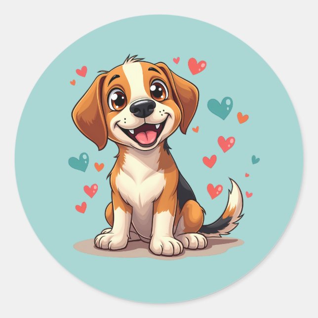 Niedlicher Kawaii-Beagle mit Herz spielendem Hund Runder Aufkleber (Vorderseite)