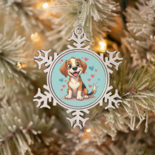 Niedlicher Kawaii-Beagle mit Herz spielendem Hund Schneeflocken Zinn-Ornament