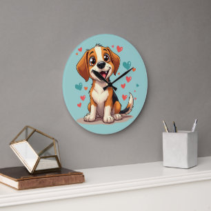 Niedlicher Kawaii-Beagle mit Herz spielerischer Hu Große Wanduhr